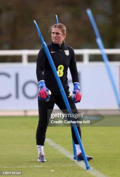 Mary Earps of England looks on during a training session ahead of their Women's World Cup qualifier match against North Macedonia at St George's Park...