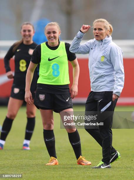 Sarina Wiegman, Manager of England during a training session ahead of their Women's World Cup qualifier match against North Macedonia at St George's...