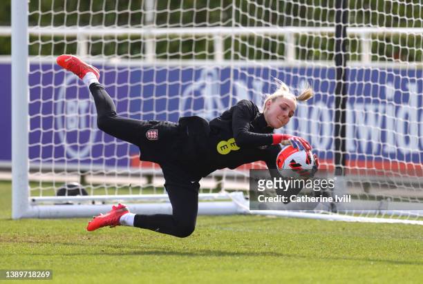 Ellie Roebuck of England makes a save during a training session ahead of their Women's World Cup qualifier match against North Macedonia at St...