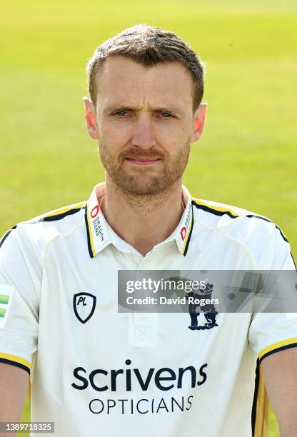 Olly Hannon-Dalby poses for a portrait during the Warwickshire County Cricket photocall at Edgbaston on April 05, 2022 in Birmingham, England.