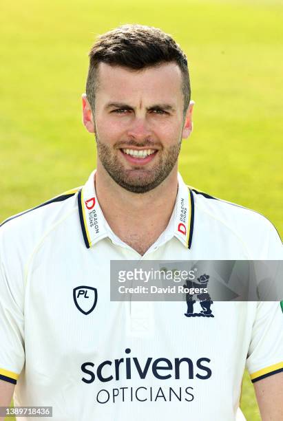 Dom Sibley poses for a portrait during the Warwickshire County Cricket photocall at Edgbaston on April 05, 2022 in Birmingham, England.