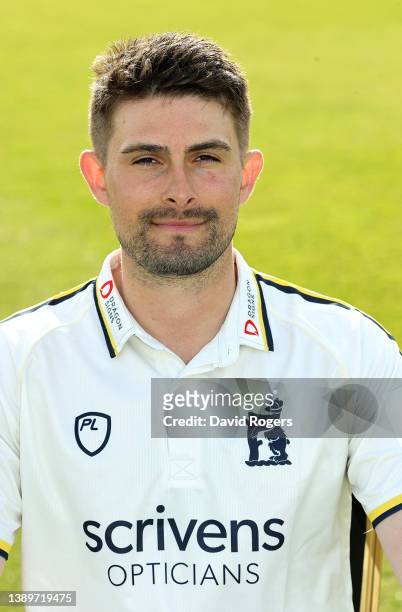 Will Rhodes poses for a portrait during the Warwickshire County Cricket photocall at Edgbaston on April 05, 2022 in Birmingham, England.