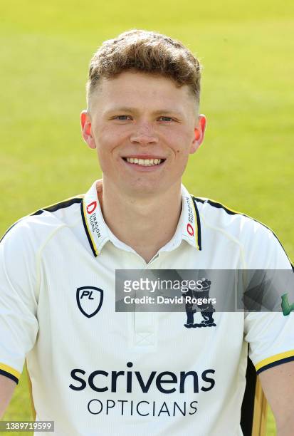 Ethan Brookes poses for a portrait during the Warwickshire County Cricket photocall at Edgbaston on April 05, 2022 in Birmingham, England.