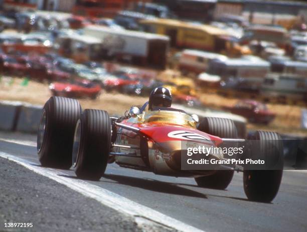 Graham Hill of Great Britain drives the Gold Leaf Team Lotus Lotus 49 Ford V8 during the Spanish Grand Prix on 12th May 1968 at the Jarama Circuit,...