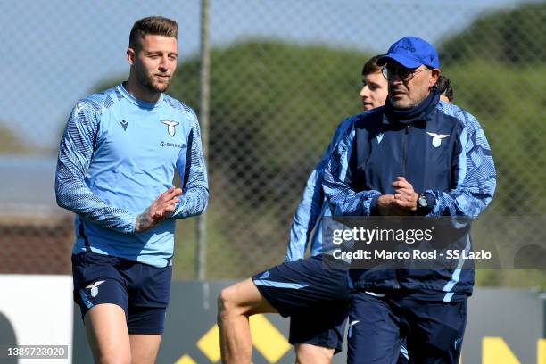 Lazio head coach Maurizio Sarri and Sergej Milinkovic Savic of SS Lazio during the SS Lazio training session at the Formello sport centre on April...