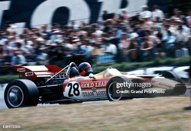 Emerson Fittipaldi of Brazil drives the Gold Leaf Team Lotus Lotus 49C Ford V8 during the British Grand Prix 18th July 1970 at the Brands Hatch...