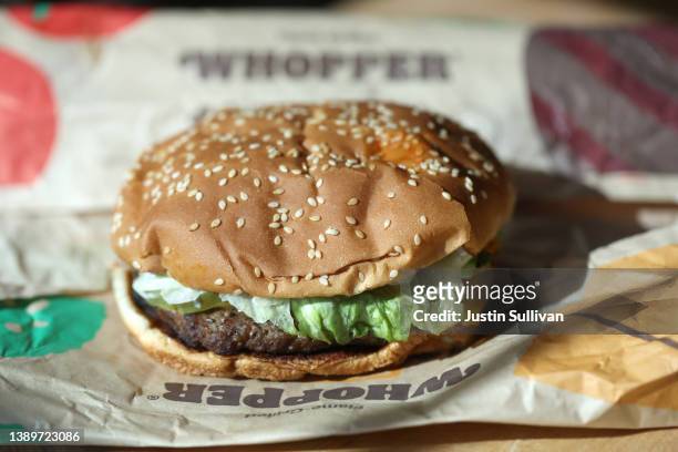 In this photo illustration, a Burger King Whopper hamburger is displayed on April 05, 2022 in San Anselmo, California. A federal lawsuit has been...