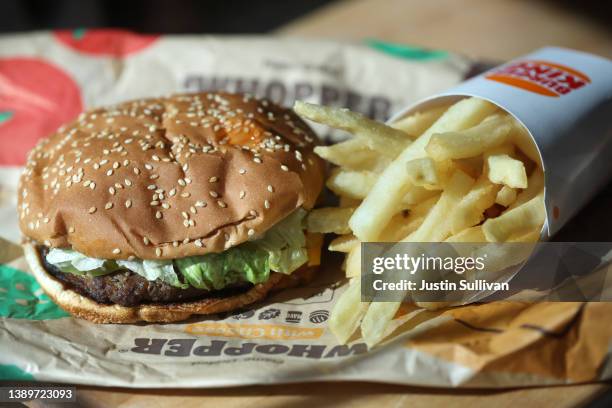 In this photo illustration, a Burger King Whopper hamburger is displayed on April 05, 2022 in San Anselmo, California. A federal lawsuit has been...