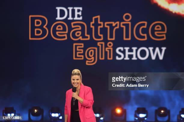 Beatrice Egli is seen on stage during the tv show "Die Beatrice Egli-Show" at Studio Berlin Adlershof on April 05, 2022 in Berlin, Germany.
