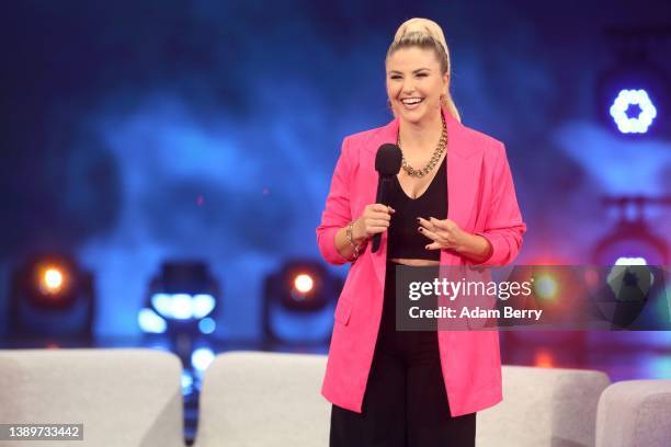 Beatrice Egli is seen on stage during the tv show "Die Beatrice Egli-Show" at Studio Berlin Adlershof on April 05, 2022 in Berlin, Germany.