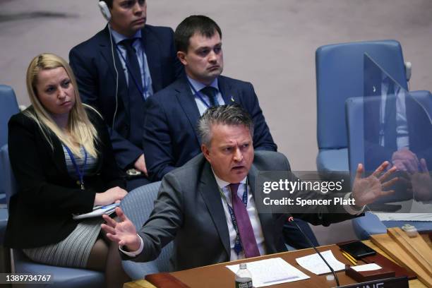 Ukrainian Ambassador to the United Nations, Sergiy Kyslytsya, speaks during a Security Council meeting in which Ukrainian President Volodymyr...