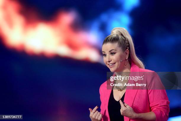 Beatrice Egli is seen on stage during the tv show "Die Beatrice Egli-Show" at Studio Berlin Adlershof on April 05, 2022 in Berlin, Germany.