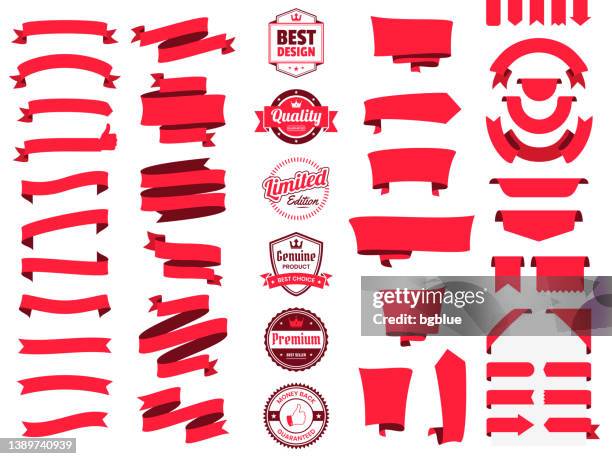 set of red ribbons, banners, badges, labels - design elements on white background - corner ribbon stock illustrations