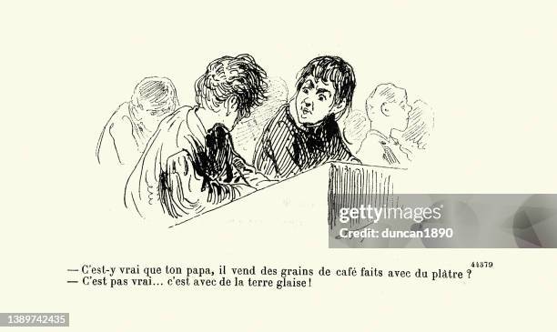 vintage french cartoon, two schoolboys talking in class, victorian humour - court decides on objections stock illustrations