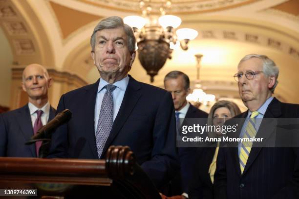 Sen. Roy Blunt speaks at a news conference following the weekly Senate Republican policy luncheon at the U.S. Capitol Building on April 05, 2022 in...