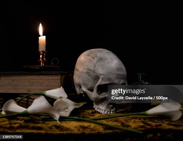 skull with books,close-up of illuminated candle and skull on table,horsham,united kingdom,uk - skull tattoos fotografías e imágenes de stock