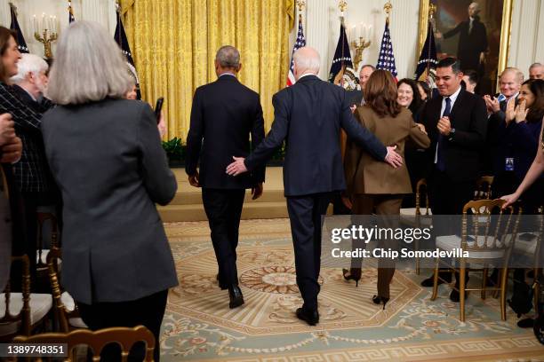 Vice President Kamala Harris, former President Barack Obama, and U.S. President Joe Biden arrive for an event to mark the 2010 passage of the...