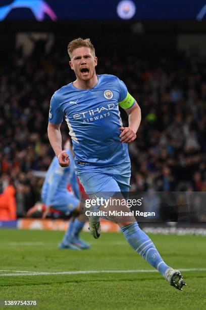 Kevin De Bruyne of Manchester City celebrates after scoring their side's first goal during the UEFA Champions League Quarter Final Leg One match...