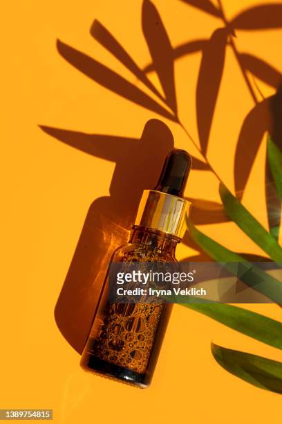 organic, bio cosmetics healthy concept with bottle of facial serum and natural palm leaves plant. natural cosmetic product for the skin care. - palm oil stockfoto's en -beelden