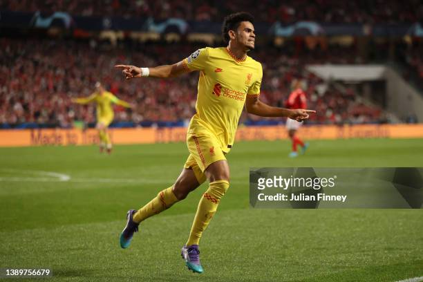 Luis Diaz of Liverpool celebrates after scoring their side's third goal during the UEFA Champions League Quarter Final Leg One match between SL...