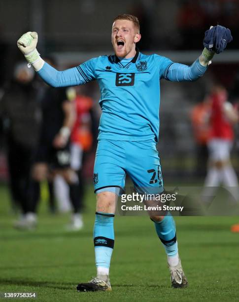 Aidan Stone of Port Vale celebrates their side's victory after the Sky Bet League Two match between Salford City and Port Vale at Peninsula Stadium...