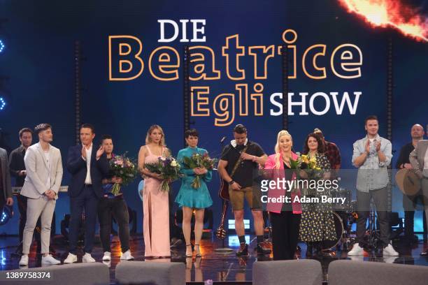 Group photo during the tv show "Die Beatrice Egli-Show" at Studio Berlin Adlershof on April 05, 2022 in Berlin, Germany.