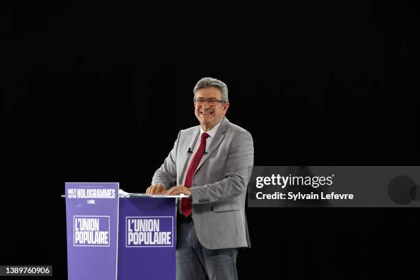 The candidate of the French left in the presidential election, Jean-Luc Mélenchon delivers a speech during the last meeting of his campaign before...