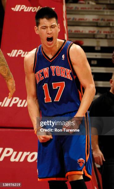 Jeremy Lin of the New York Knicks reacts after the final buzzer during the defeat of the Toronto Raptors on February 14, 2012 at the Air Canada...