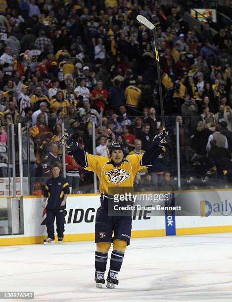 Jordin Tootoo of the Nashville Predators salutes the crowd following a 3-2 victory over the Chicago Blackhawks at the Bridgestone Arena on February...
