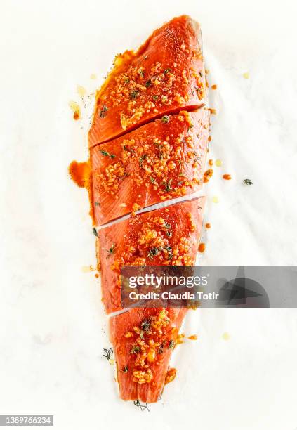 marinated salmon on white background - marinated stock pictures, royalty-free photos & images