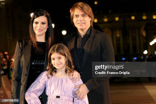 Italian singer Laura Pausini her husband Paolo Carta and daughter Paola Carta attend "Piacere Di Conoscerti" photocall at the Auditorium della...