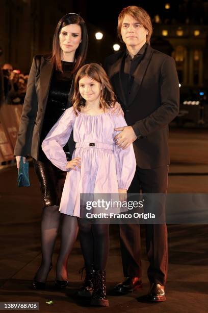 Italian singer Laura Pausini her husband Paolo Carta and daughter Paola Carta attend "Piacere Di Conoscerti" photocall at the Auditorium della...