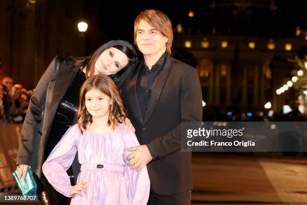 Italian singer Laura Pausini her husband Paolo Carta and daughter Paola Carta attend "Piacere Di Conoscerti" photocall at the Auditorium della...