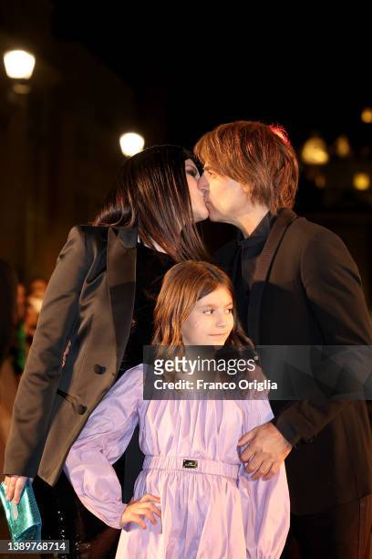 Italian singer Laura Pausini her husband Paolo Carta and daughter Paola Carta attend "Piacere Di Conoscerti" photocall at the Auditorium della...
