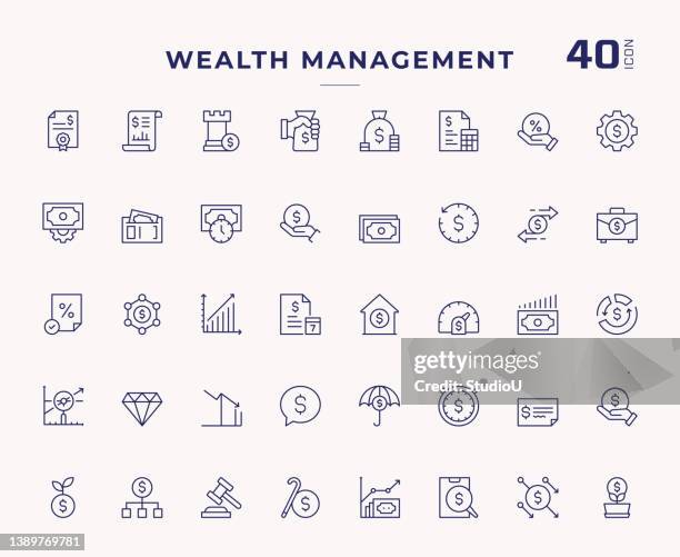 stockillustraties, clipart, cartoons en iconen met wealth management editable stroke line icons - stock certificate