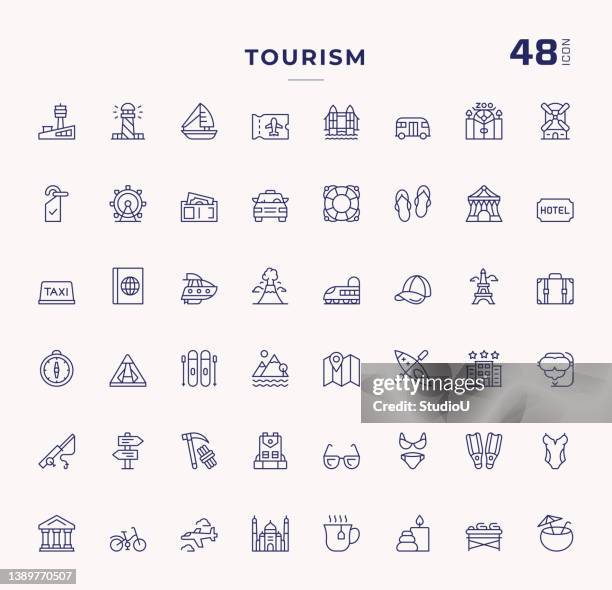 ilustrações de stock, clip art, desenhos animados e ícones de tourism editable stroke line icons - tabela de chegadas e saídas