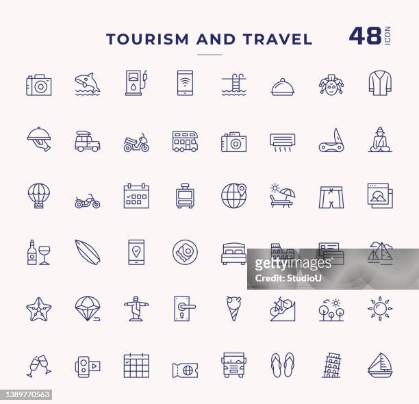 ilustrações de stock, clip art, desenhos animados e ícones de tourism and travel editable stroke line icons - fotografia da studio