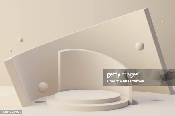 abstract futuristic beige podium with many decorative flying spheres. platform for beauty products presentation. three dimensional illustration - einfarbig stock-fotos und bilder