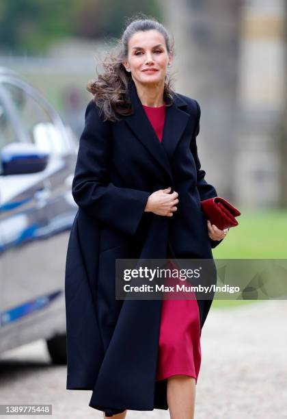 Queen Letizia of Spain arrives to view the Francisco de Zurbarán art collection, Jacob and His Twelve Sons, at Auckland Castle on April 5, 2022 in...