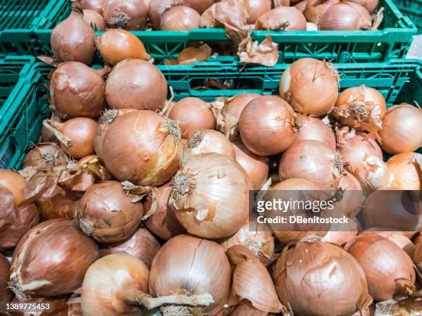 piles of onions stacked in boxes in a supermarket. concept of vegetables, ripe onions, sale, purchase, nutrition and healthy food. - ui stockfoto's en -beelden