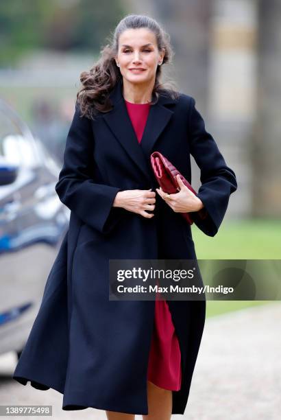 Queen Letizia of Spain arrives to view the Francisco de Zurbarán art collection, Jacob and His Twelve Sons, at Auckland Castle on April 5, 2022 in...