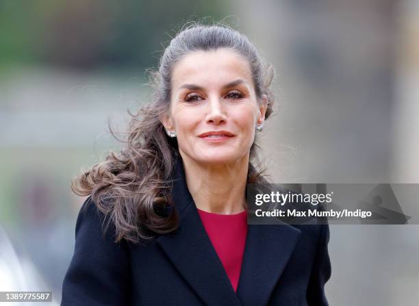 Queen Letizia of Spain arrives to view the Francisco de Zurbarán art collection, Jacob and His Twelve Sons, at Auckland Castle on April 5, 2022 in...