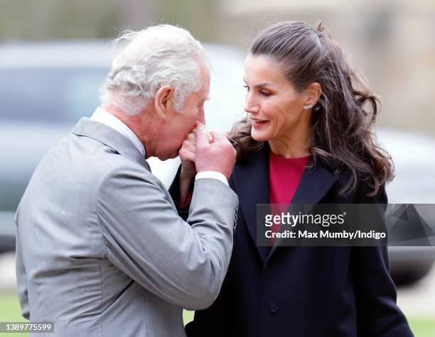 Prince Charles, Prince of Wales kisses Queen Letizia of Spain on the hand as she arrives to view the Francisco de Zurbarán art collection, Jacob and...