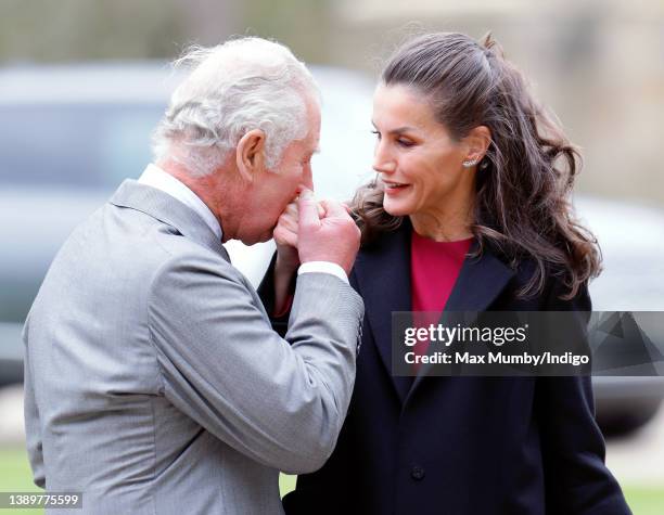 Prince Charles, Prince of Wales kisses Queen Letizia of Spain on the hand as she arrives to view the Francisco de Zurbarán art collection, Jacob and...