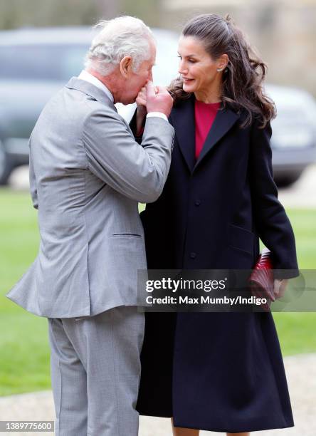 Prince Charles, Prince of Wales kisses Queen Letizia of Spain on the hand as she arrives to view the Francisco de Zurbarán art collection, Jacob and...