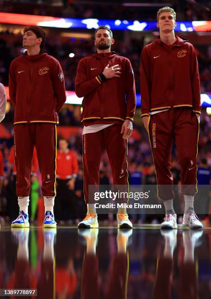 Kevin Love of the Cleveland Cavaliers looks on during a game against the Orlando Magic at Amway Center on April 05, 2022 in Orlando, Florida. NOTE TO...