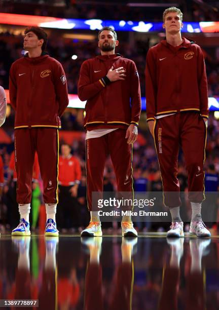 Kevin Love of the Cleveland Cavaliers looks on during a game against the Orlando Magic at Amway Center on April 05, 2022 in Orlando, Florida. NOTE TO...