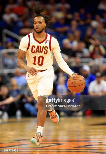 Tim Frazier of the Cleveland Cavaliers brings the ball up the floor during a game against the Orlando Magic at Amway Center on April 05, 2022 in...