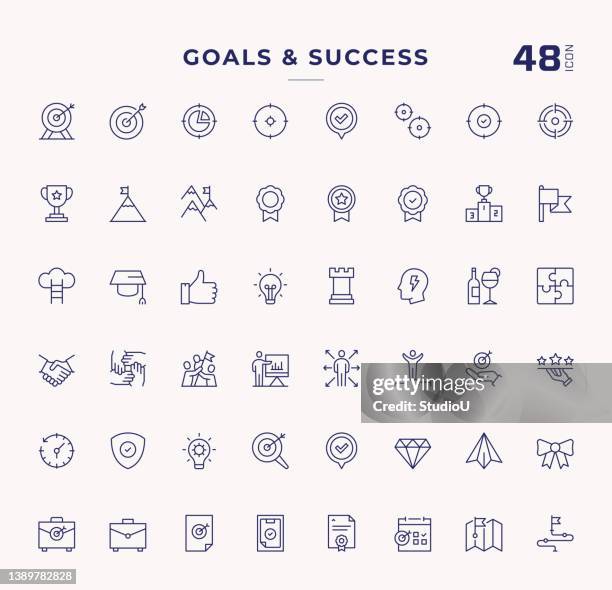 ilustrações de stock, clip art, desenhos animados e ícones de goals and success editable stroke line icons - shooting target