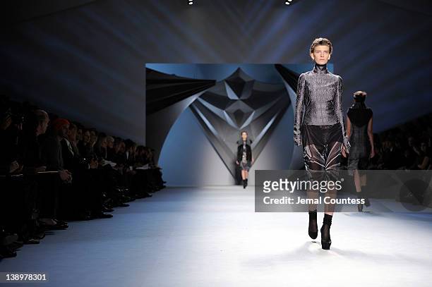 Models walk the runway at the Vera Wang fall 2012 fashion show during Mercedes-Benz Fashion Week at The Stage at Lincoln Center on February 14, 2012...